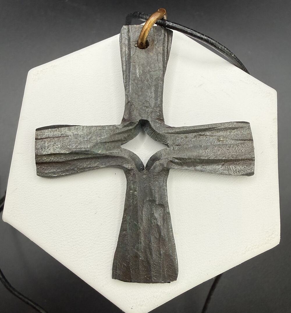 Hand Forged Iron Split Cross Pendant Necklace Black Cord Handcrafted Rustic Art